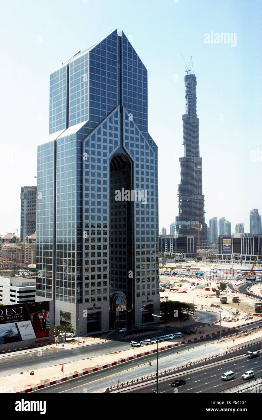 Aerial of Dubai, United Arab Emirates. Burj Dubai Construction, Dusit Dubai Hotel, July 2007. Stock Photo