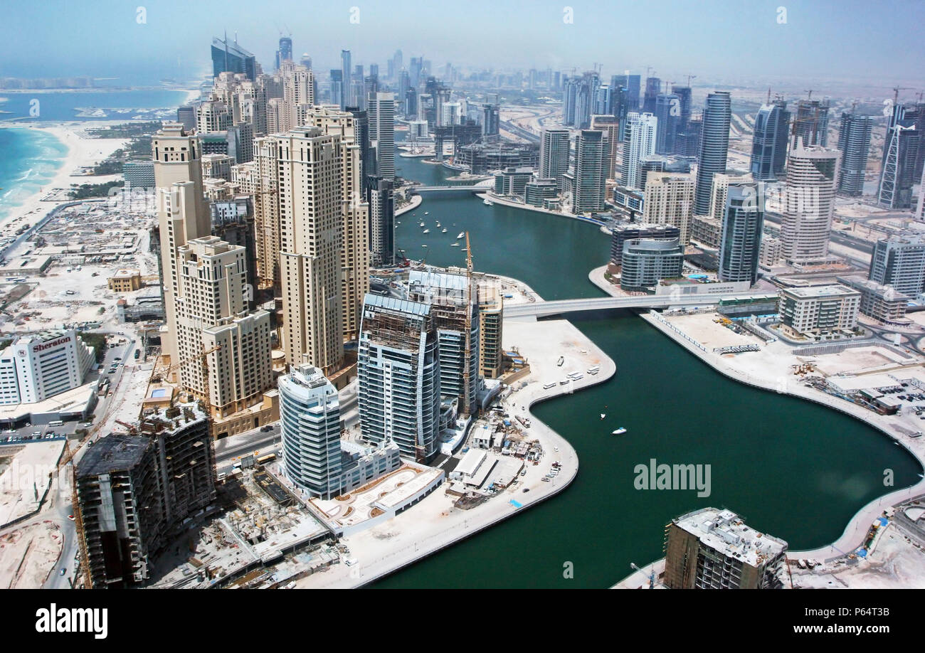 Aerial of Dubai, United Arab Emirates. Dubai Marina, Jumeirah Beach Residence. July 2007. Stock Photo