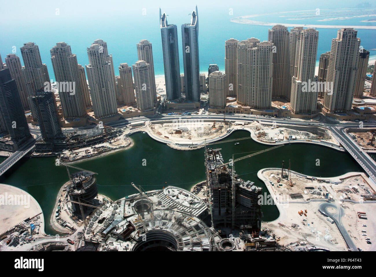 Aerial of Dubai, United Arab Emirates. Dubai Marina, Jumeirah Beach Residence. July 2007. Stock Photo