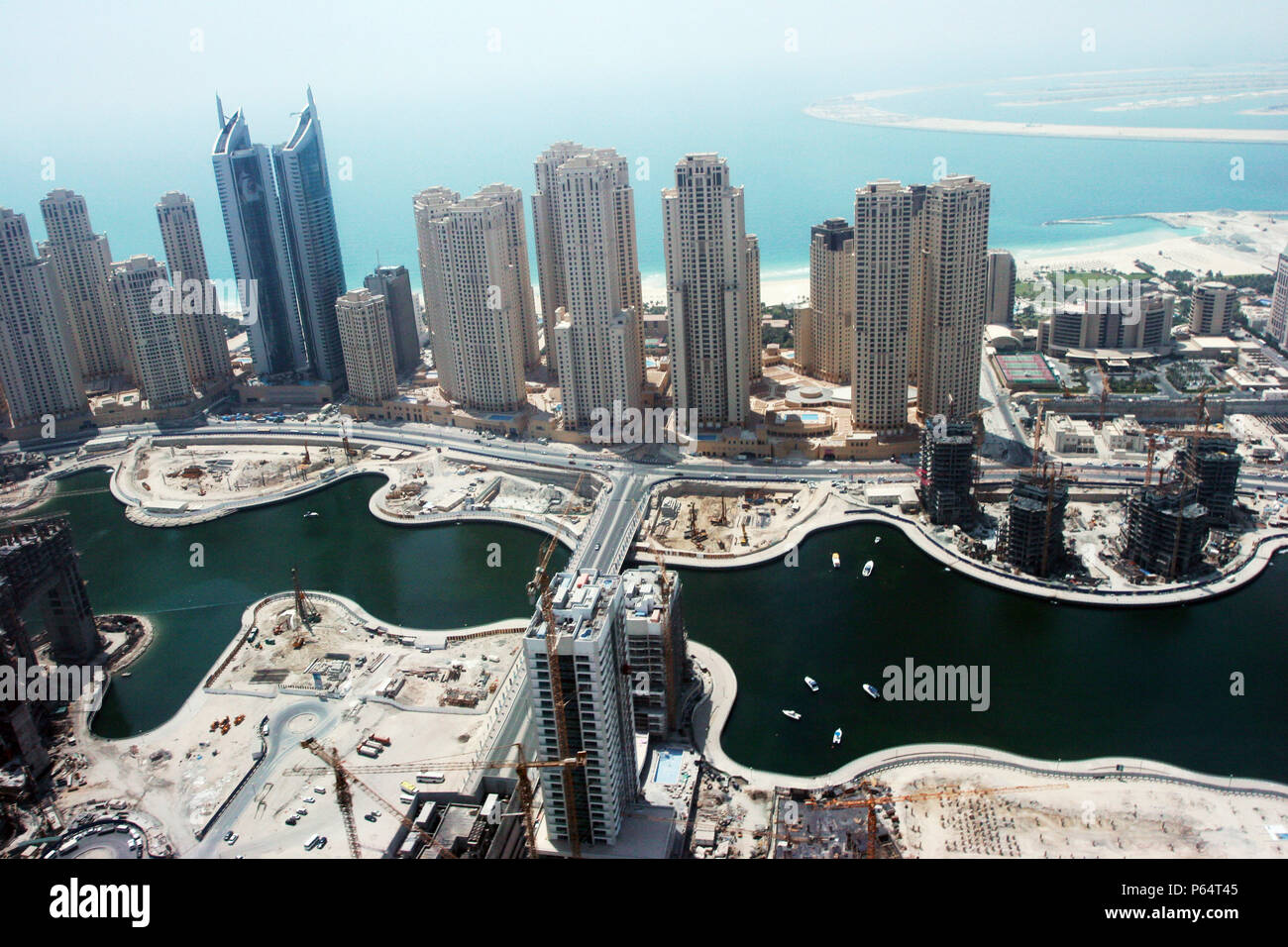 Aerial of Dubai, United Arab Emirates. Dubai Marina, Jumeirah Beach Residence. July 2007. Stock Photo