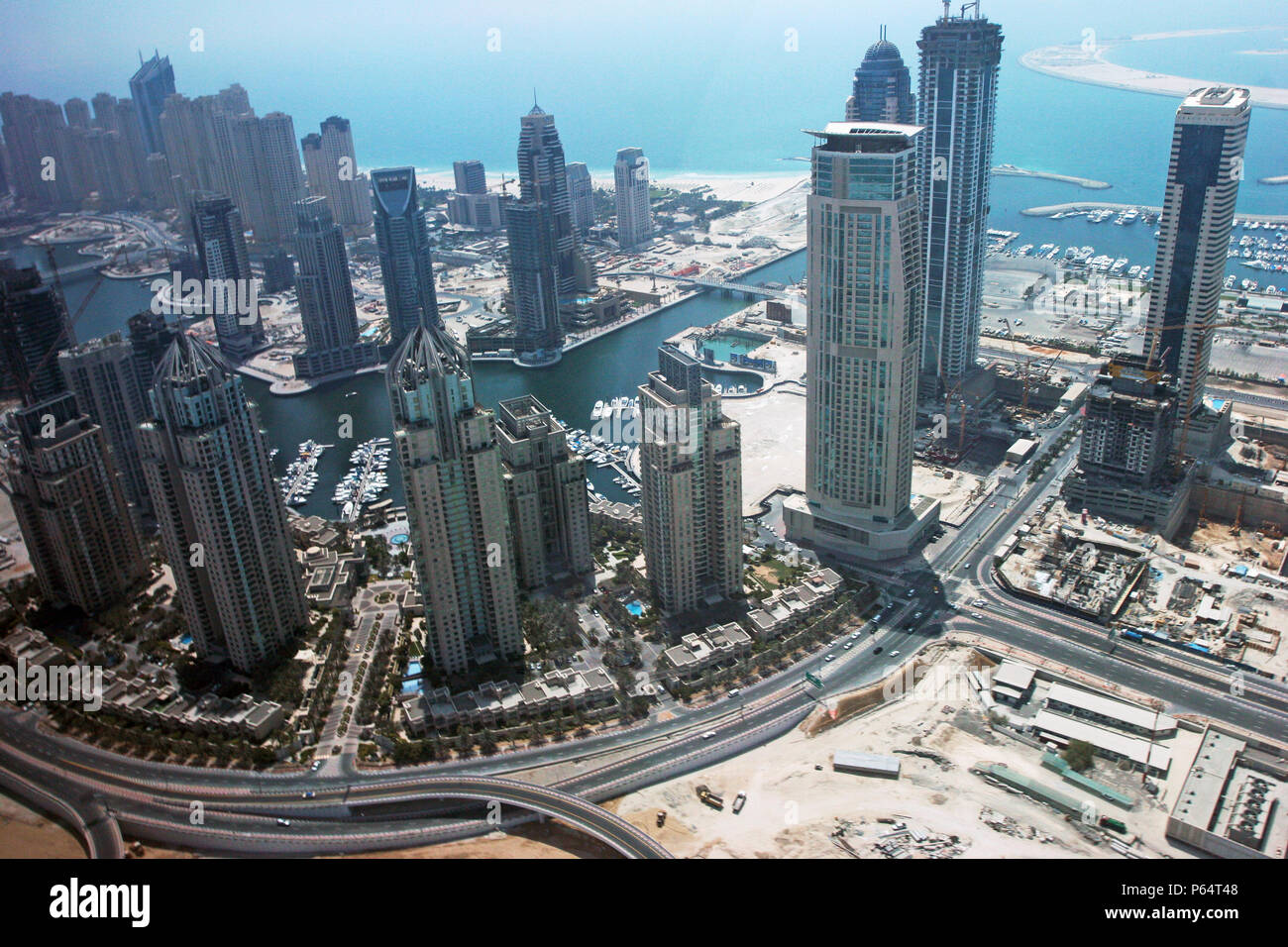 Aerial of Dubai, United Arab Emirates. Dubai Marina, Jumeirah Beach Residence. July 2007. Stock Photo