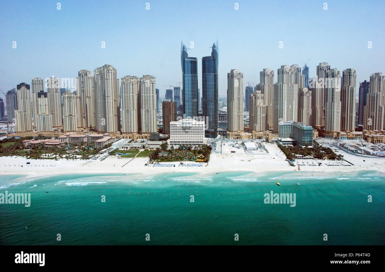 Aerial of Dubai, United Arab Emirates. Dubai Marina, Jumeirah Beach Residence. July 2007. Stock Photo