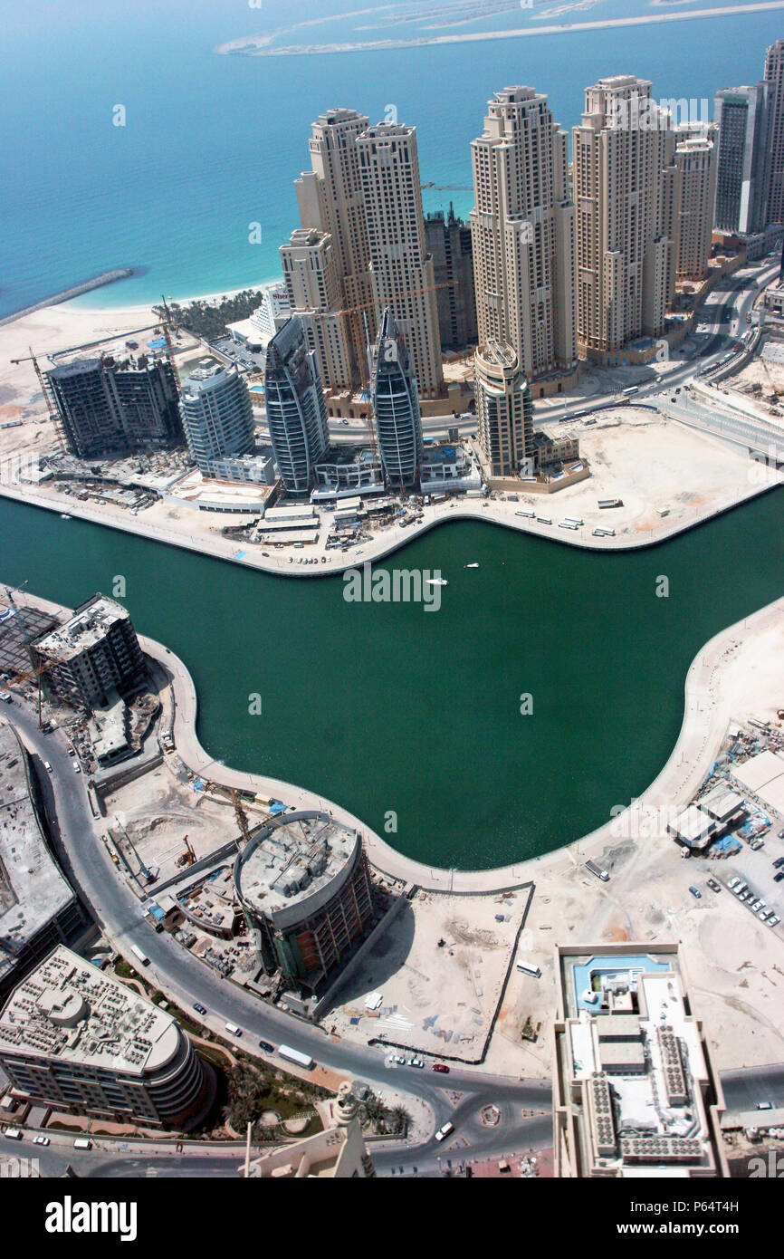 Aerial of Dubai, United Arab Emirates. Dubai Marina, Jumeirah Beach Residence. July 2007. Stock Photo