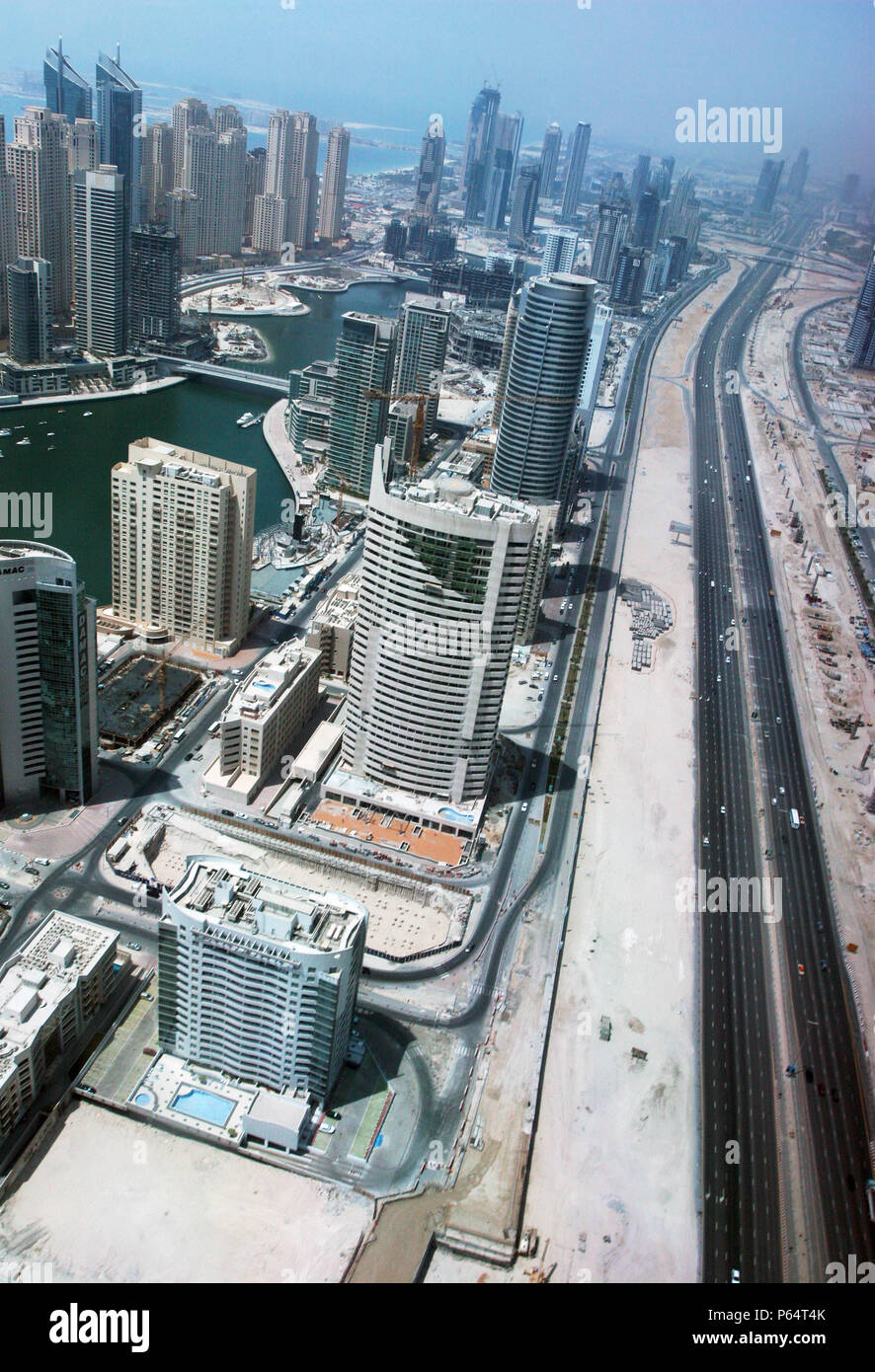 Aerial of Dubai, United Arab Emirates. Dubai Marina, Jumeirah Beach Residence. July 2007. Stock Photo