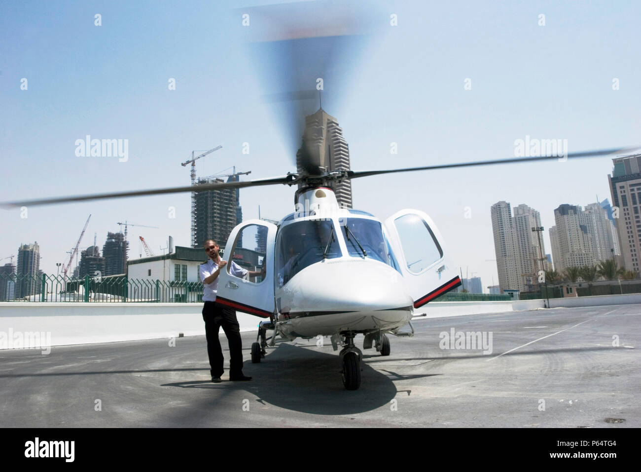 Helicopter for aerials of Dubai, United Arab Emirates, July 2007. Stock Photo
