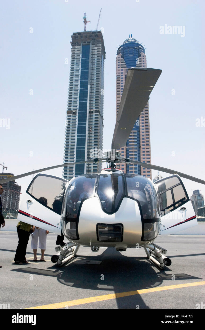 Helicopter for aerials of Dubai, United Arab Emirates. Alpha Tours & Falcon Aviation Services press conference, July 2007. Stock Photo