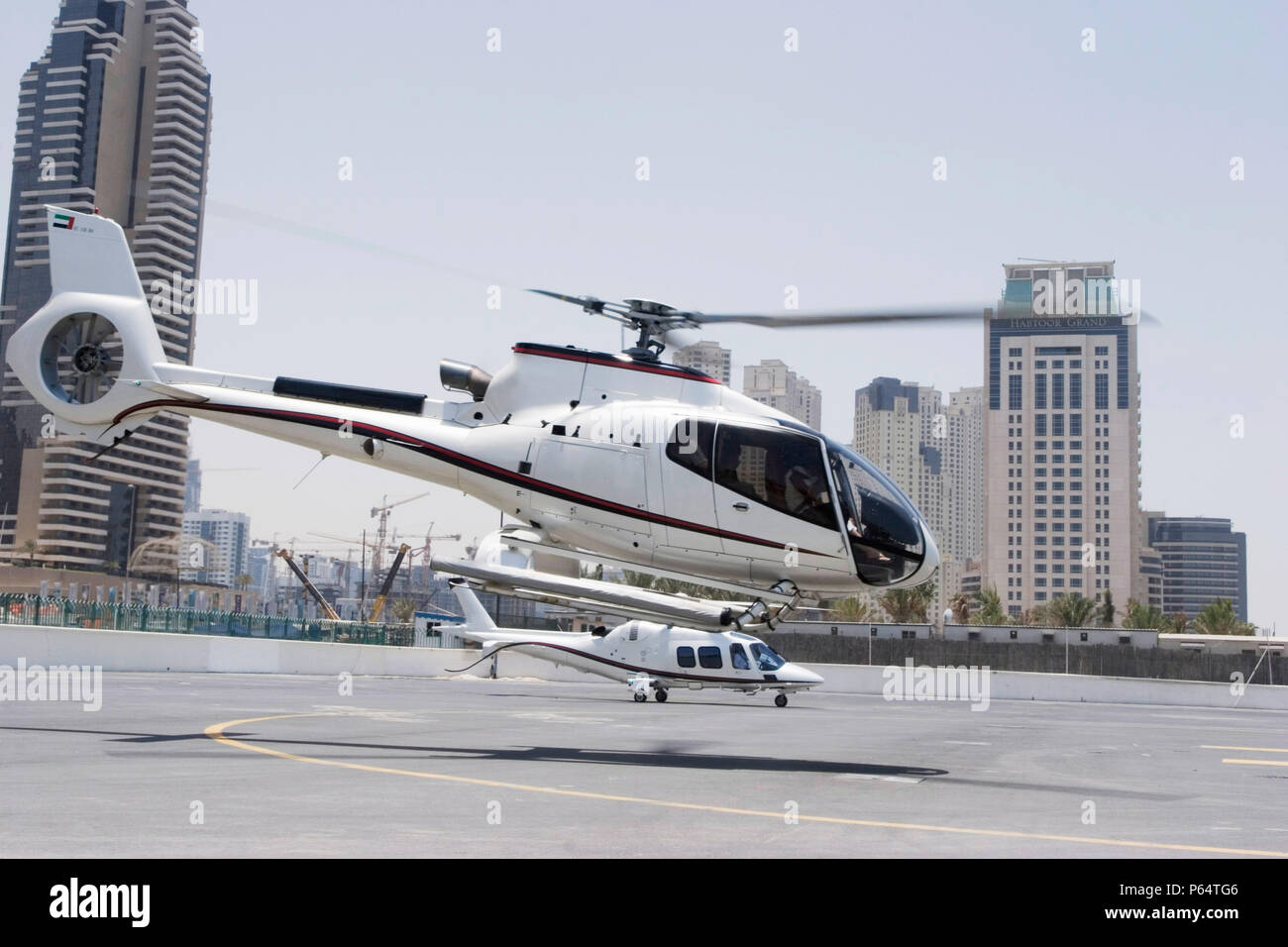 Helicopter for aerials of Dubai, United Arab Emirates. Alpha Tours & Falcon Aviation Services press conference, July 2007. Stock Photo