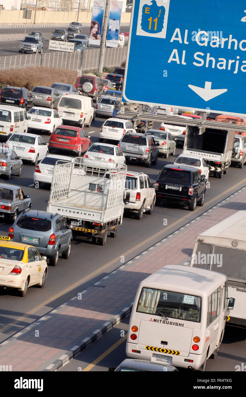 Traffic in Dubai, Garhoud, Maktoum, United Arab Emirates, February 2007. Stock Photo
