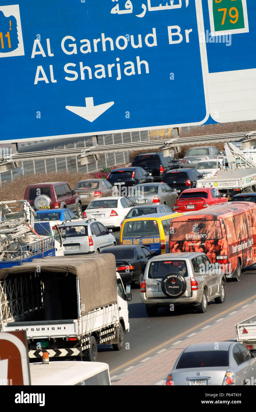 Traffic in Dubai, Garhoud, Maktoum, United Arab Emirates, February 2007. Stock Photo