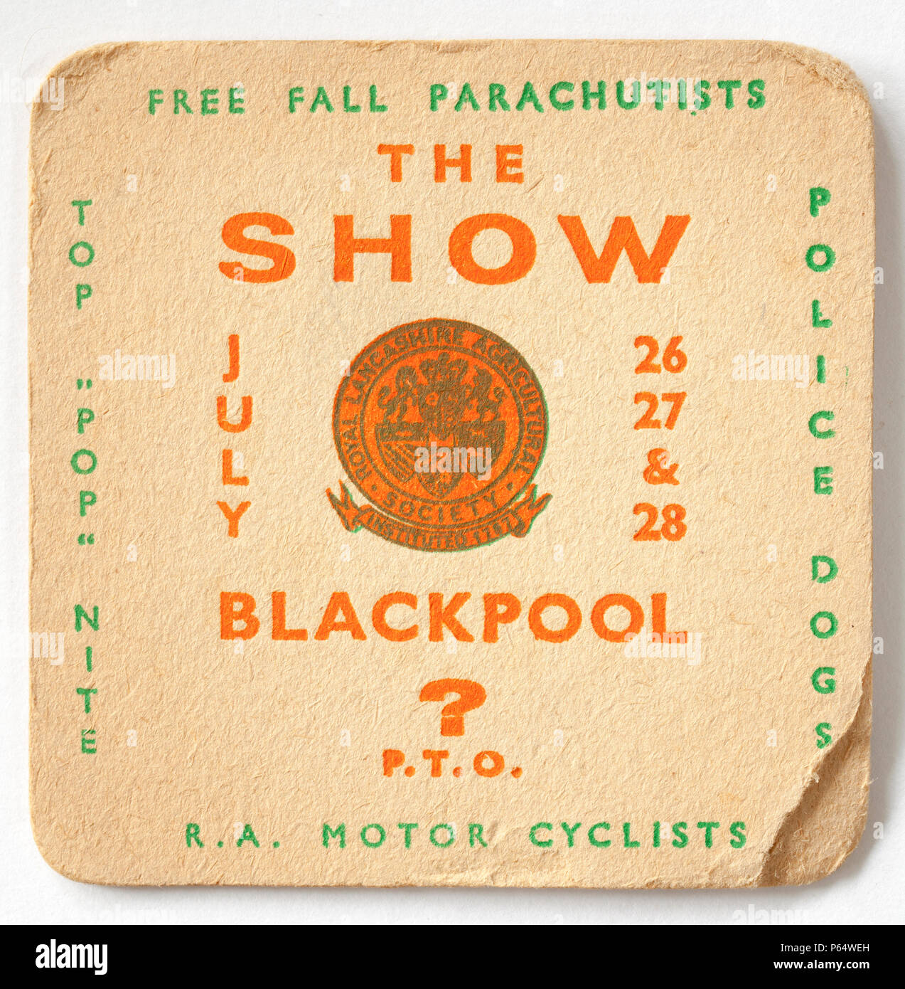 Vintage Pub Beer Mat Advertising The Show At Blackpool Stock Photo