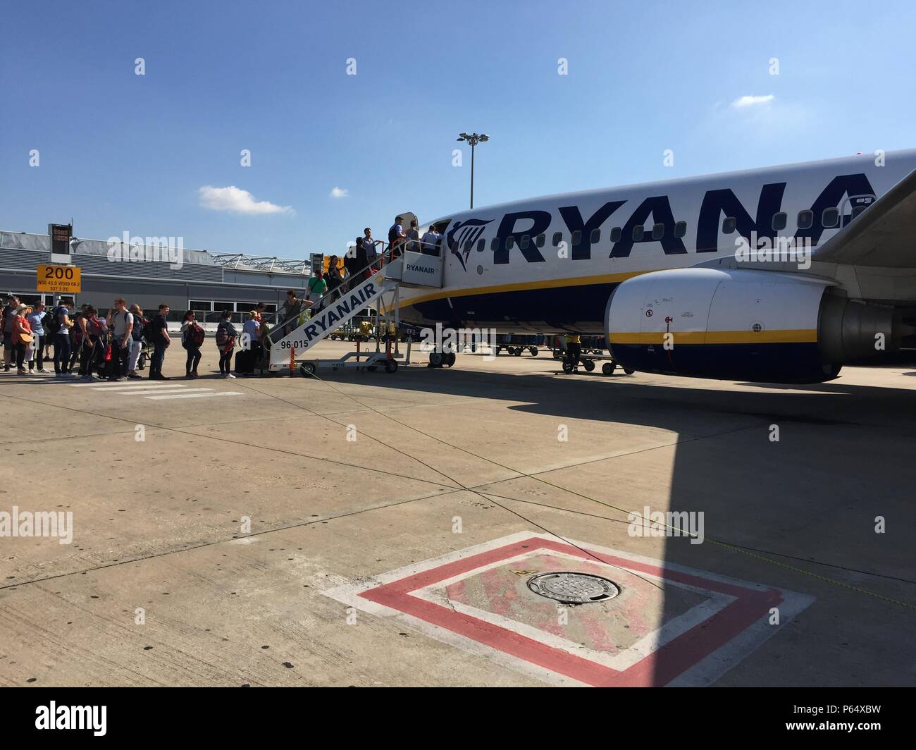 June 25th, 2018, Lisbon, Portugal people entering a Ryanair flight at