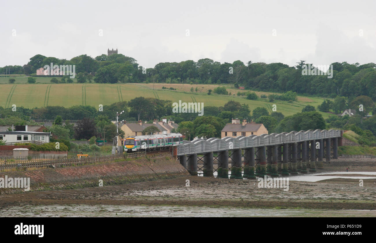 A northbound Scotrail service crosses the river South Esk at Montrose Basin July 2004. Stock Photo