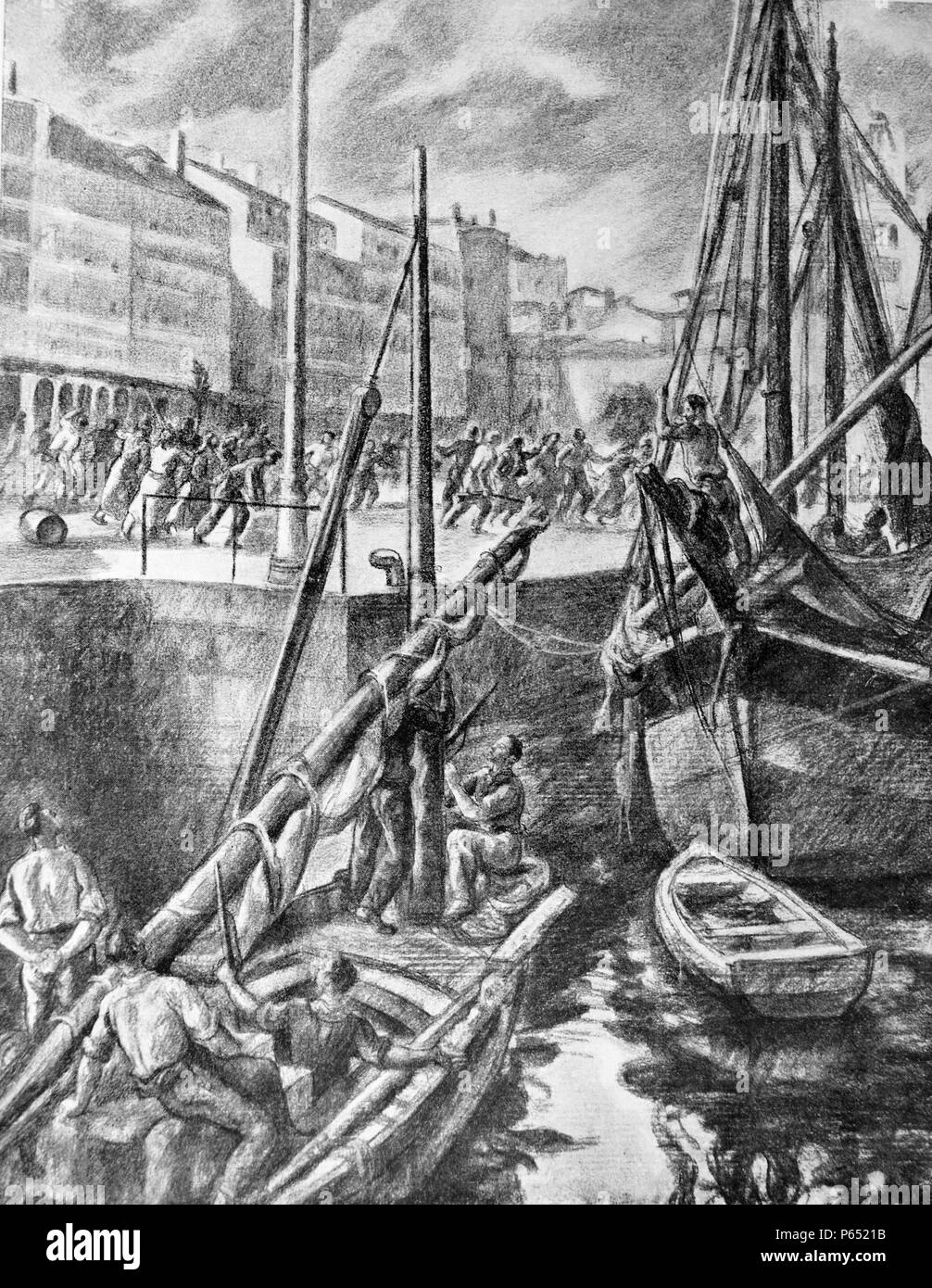 Spanish Civil War: Boat sirens sound again as civilians run for cover during an air raid in a Spanish coastal town. Drawing by Valverde 1937 Stock Photo