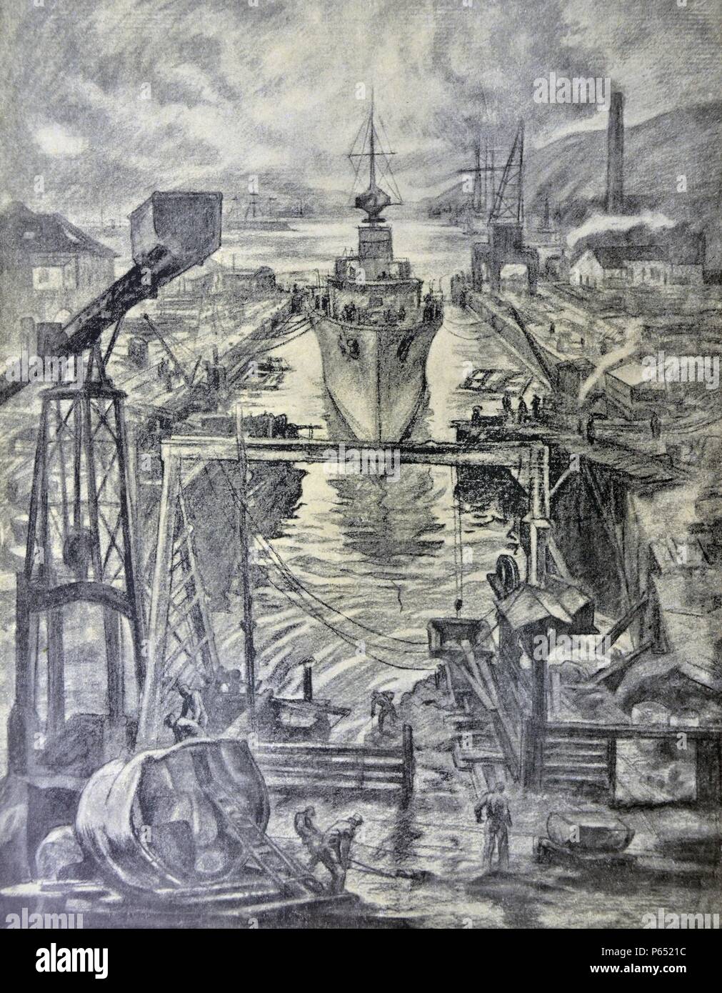 Spanish Civil War: '... At the outbreak of the Spanish Civil War (1936â€ì1939) the shipbuilding yards, workshops, foundries and dry docks in Ferrol, Gallicia, were taken over by the state and nationalized. drawing C. Saenz de Tejada Stock Photo