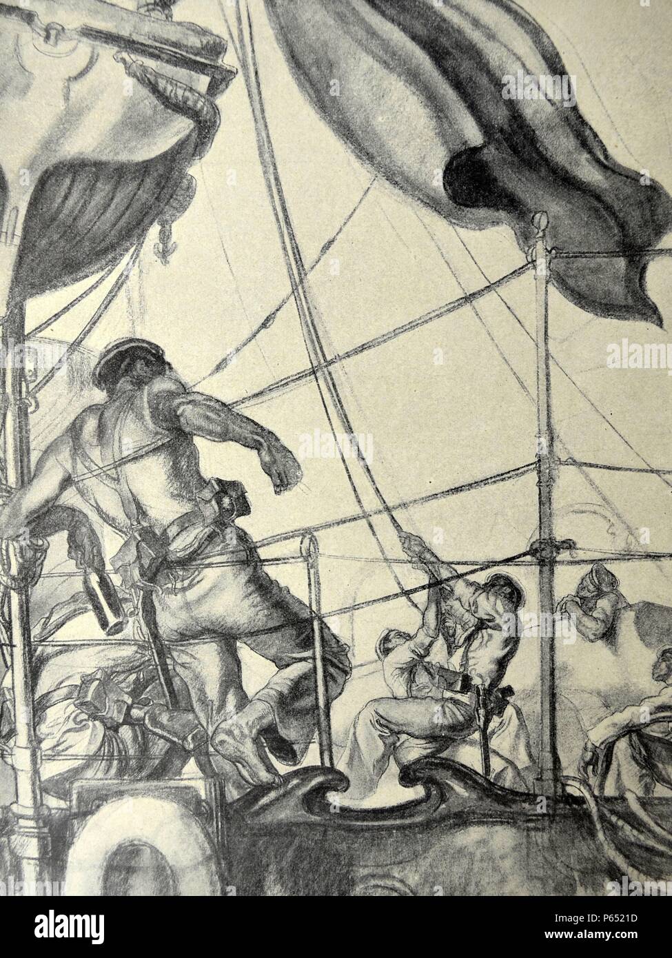 Spanish Civil War: sailors aboard a republican ship hoist the commands hoisted the tri-colour, drawing by J. Valverde Stock Photo