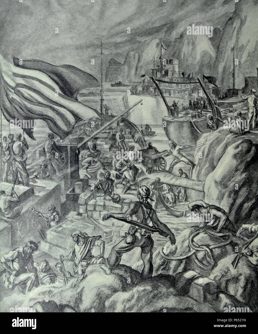 Spanish Civil War: Catalan republican forces take supplies from ships in a rocky inlet on the coast. Supplies including weapons are offloaded. drawing by C. Saenz de Tejada Stock Photo