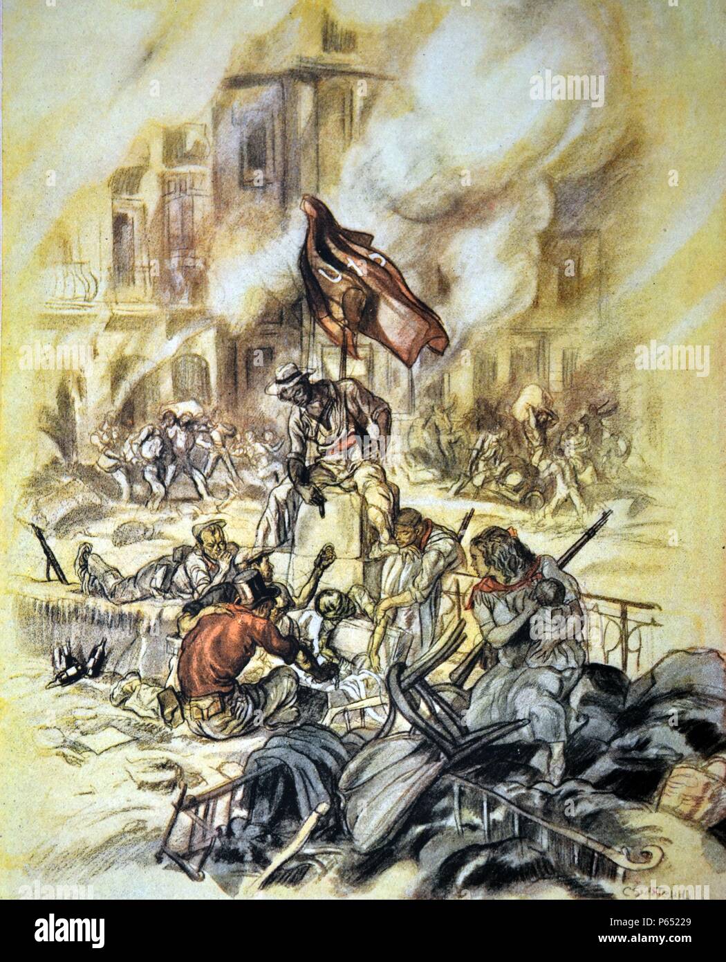 Mob frenzy' Spanish Civil war, anti-republican propaganda illustration by C. SÃ¡enz de Tejada Stock Photo