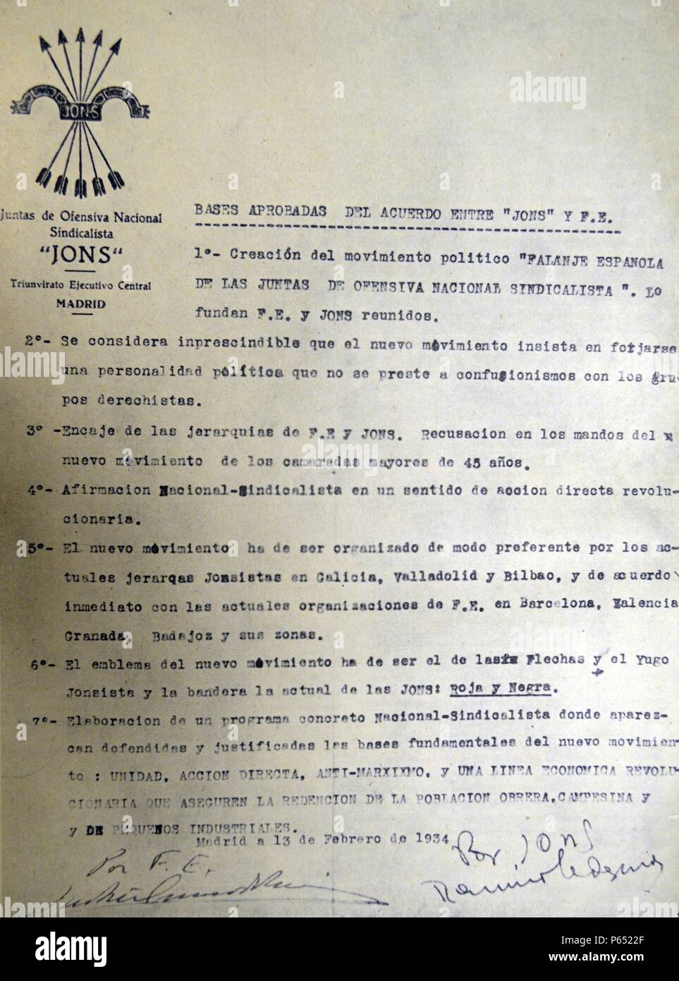 The covenant of the Falange merger with J. O. N. S. is signed by JosÃ© Antonio Primo de Rivera, and Ledesma Ramos. The Juntas de Ofensiva Nacional-Sindicalista became the Falange EspaÃ±ola de las Juntas de Ofensiva Nacional-Sindicalista (FE-JONS), after it fused with JosÃ© Antonio Primo de Rivera's group in 1934 Stock Photo