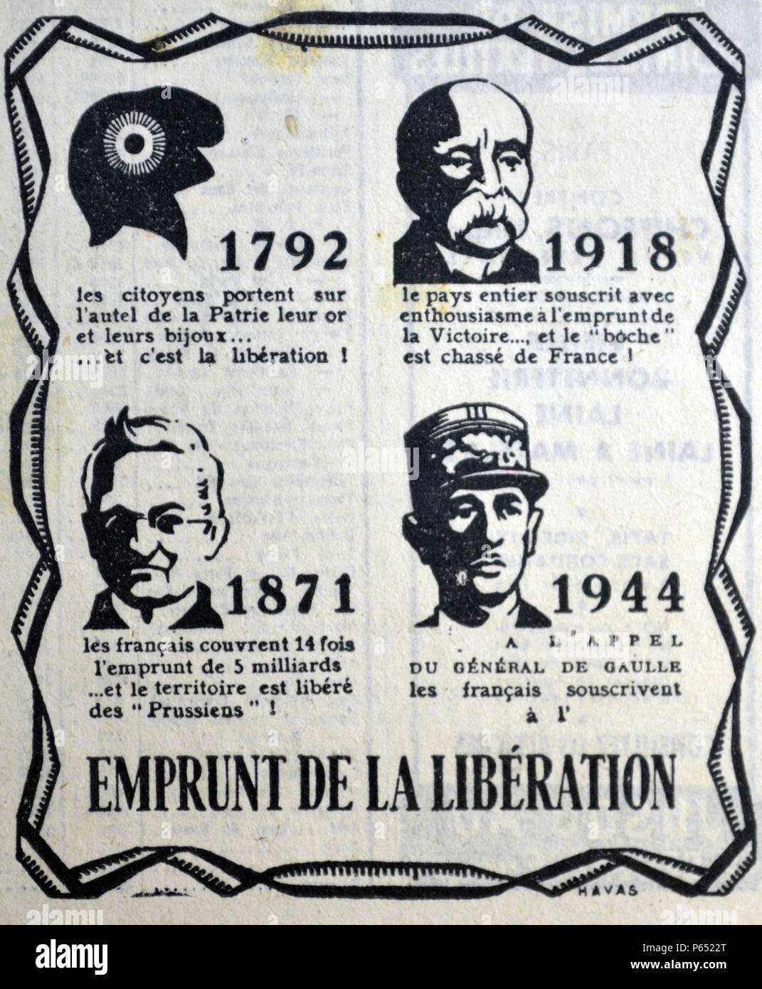 Poster depicting heroes of the French struggle against aggressors: Left top: the cap of liberty 1792;top right Georges Clemenceau;Bottom left: Adolphe Thiers Paris commune;and Bottom right General de Gaulle world war Two. Stock Photo
