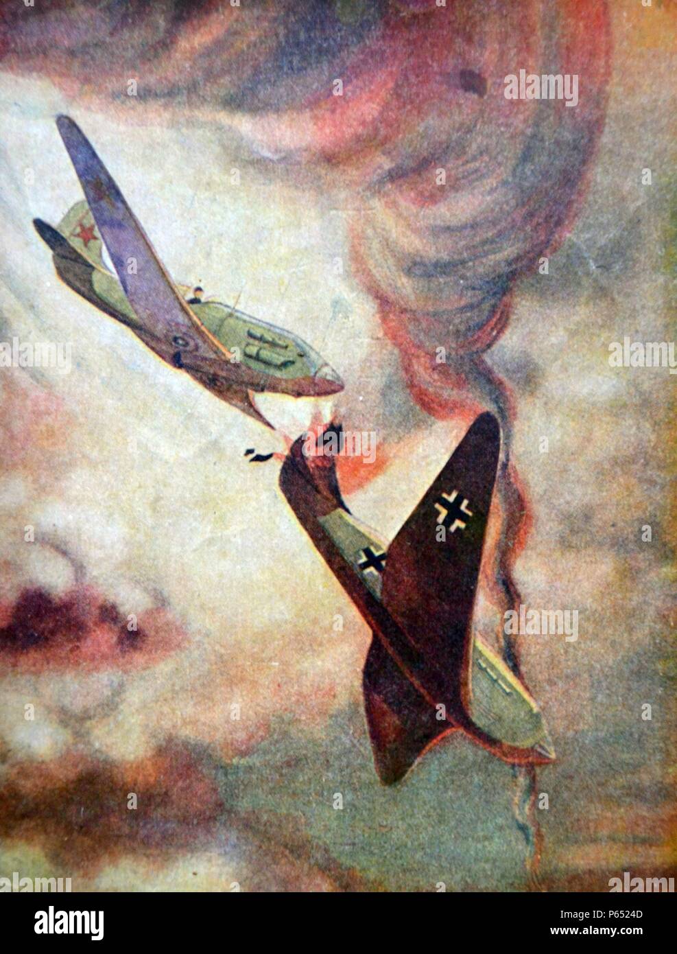 World war Two, Soviet propaganda postcard depicting an aerial dog fight, between a Russian (Soviet) aircraft and a German plane which is crashing in flames over Russia. Stock Photo
