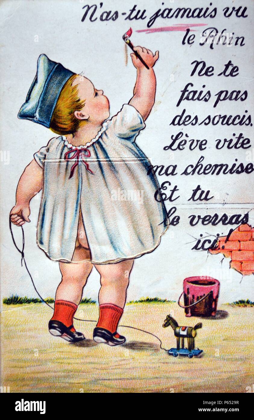 French postcard on the subject of the occupation of the German Rhineland in 1923 when the child's nightshirt is lifted it reveals mini postcards showing cities, towns and sights along the river rhine Stock Photo