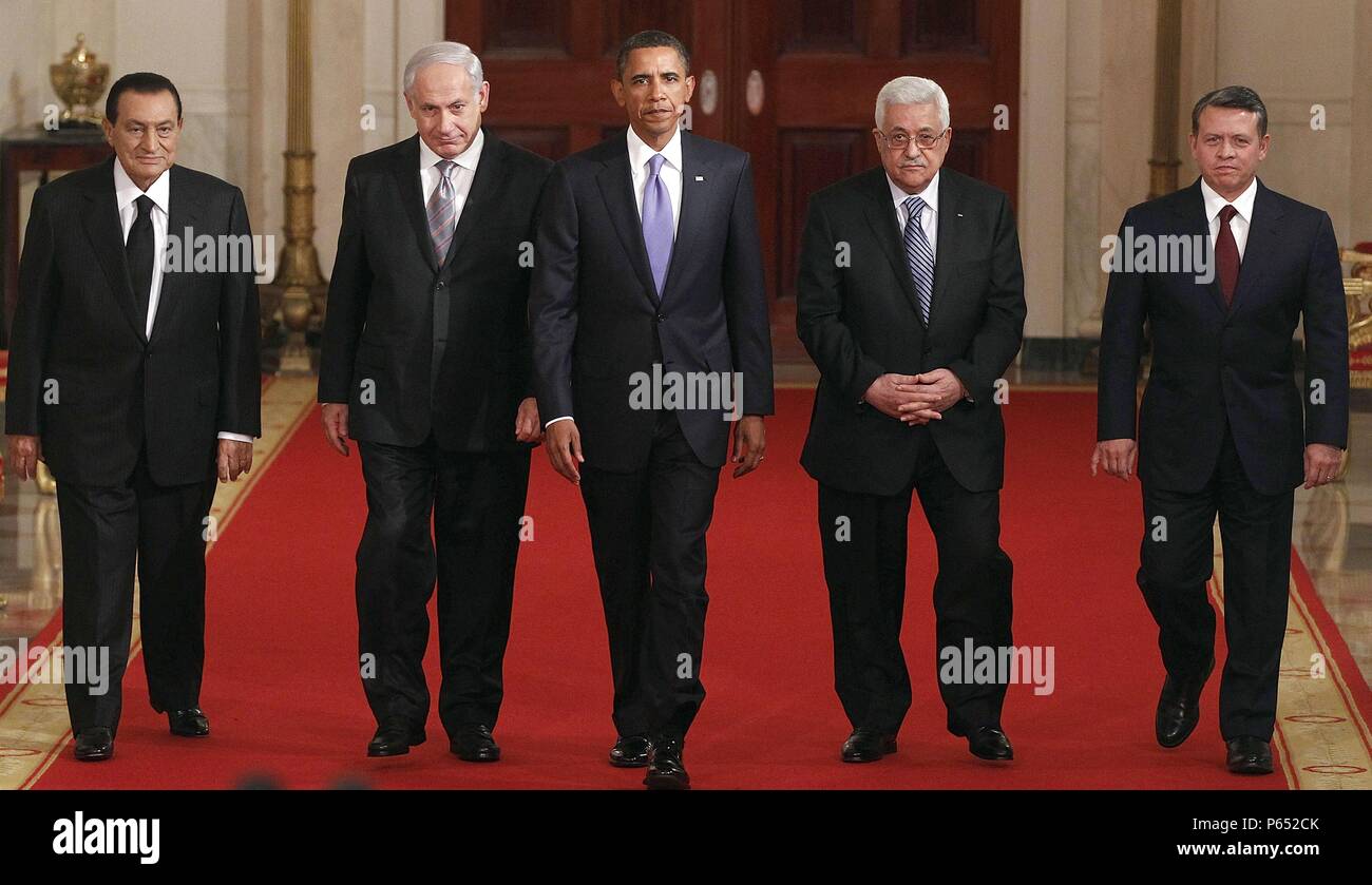 Egyptian President Hosni Mubarak, Israeli Prime Minister Benjamin Netanyahu, President Barack Obama, Palestinian President Mahmoud Abbas and Jordan’s King Abdullah II at the White House for Middle East peace negotiations Sept. 1, 2010 Stock Photo