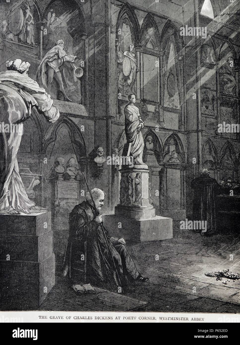 Illustration depicts the grave of Charles Dickens (1812-1870) at Poets' Corner, Westminster Abbey. Charles Dickens was an English writer and social critic during the Victorian period. Dated 1870 Stock Photo