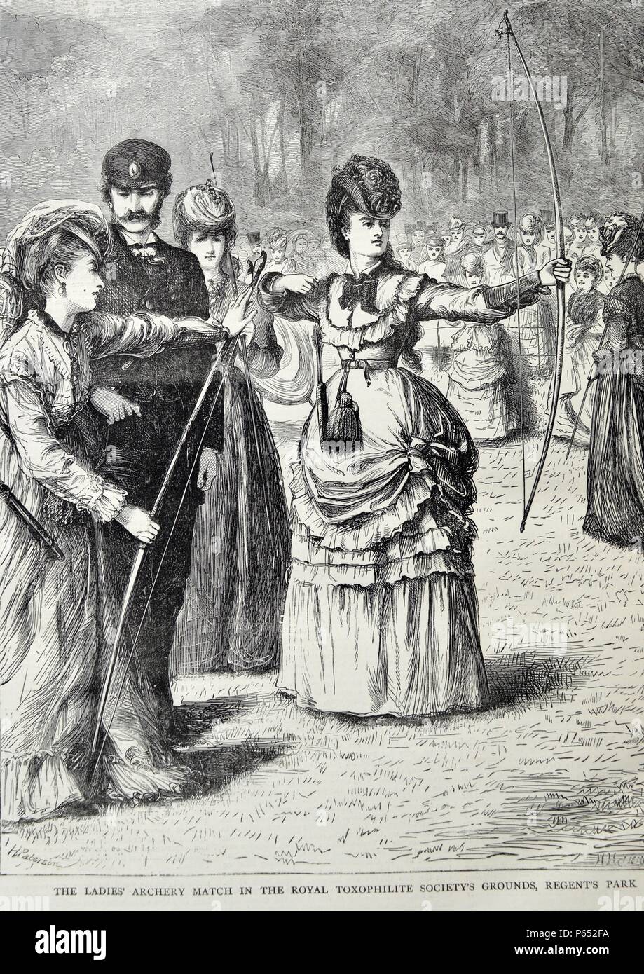 Engraving of the ladies' archery match in the royal toxophilite society's grounds, Regents Park. Dated 1870 Stock Photo
