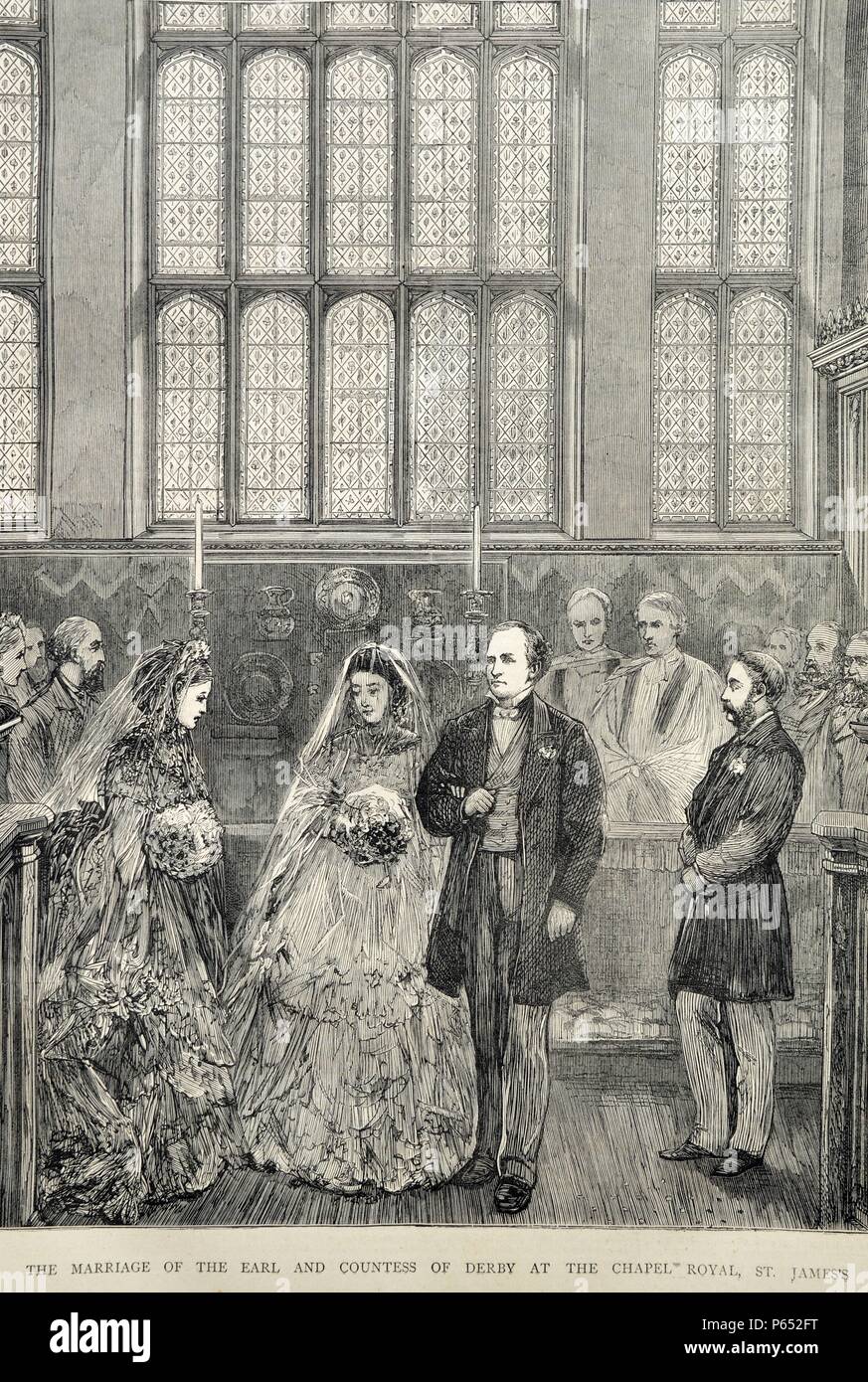 Engraving depicts the Marriage of the Earl and Countess of Derby at the Chapel Royal, St. James. Dated 1870 Stock Photo