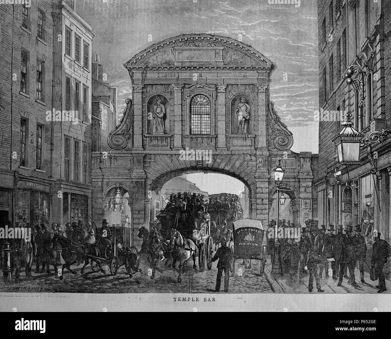 Engraving of Wren's Temple Bar Gate. Commissioned by King Charles II, and designed by Sir Christopher Wren, the fine arch of Portland stone was constructed between 1669 and 1672. Dated 1870 Stock Photo
