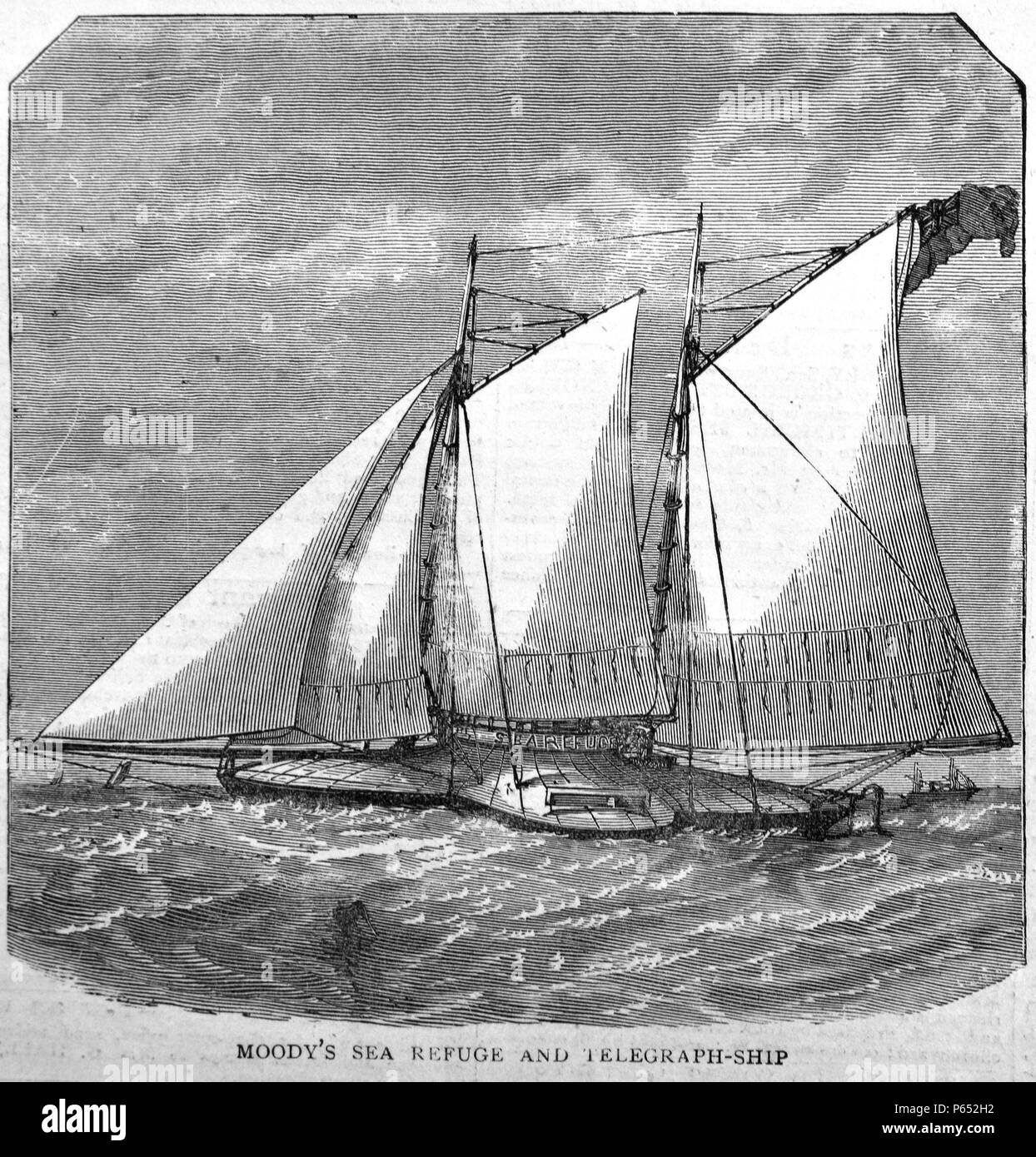 Engraving titled 'Moody's Sea Refuge and Telegraph Ship'. Dated 1870 Stock Photo