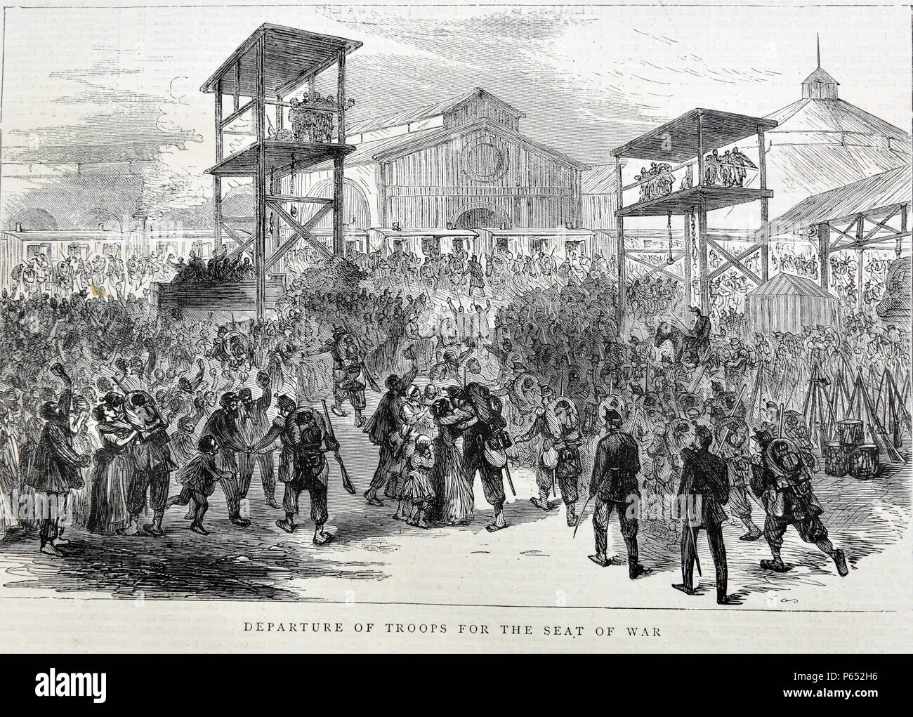 Engraving of Troops departing for war at a train station. Dated 1870 Stock Photo
