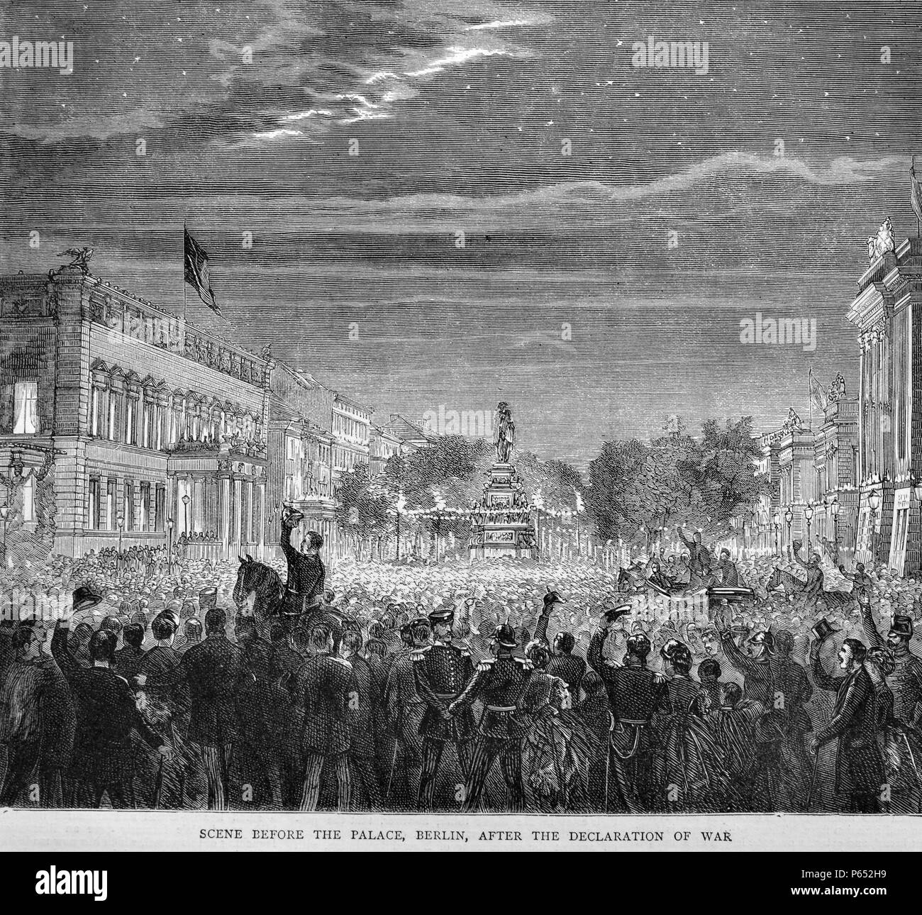 Engraving depicts a scene outside the Royal Palace of Berlin, after the declaration of war. Dated 1870 Stock Photo