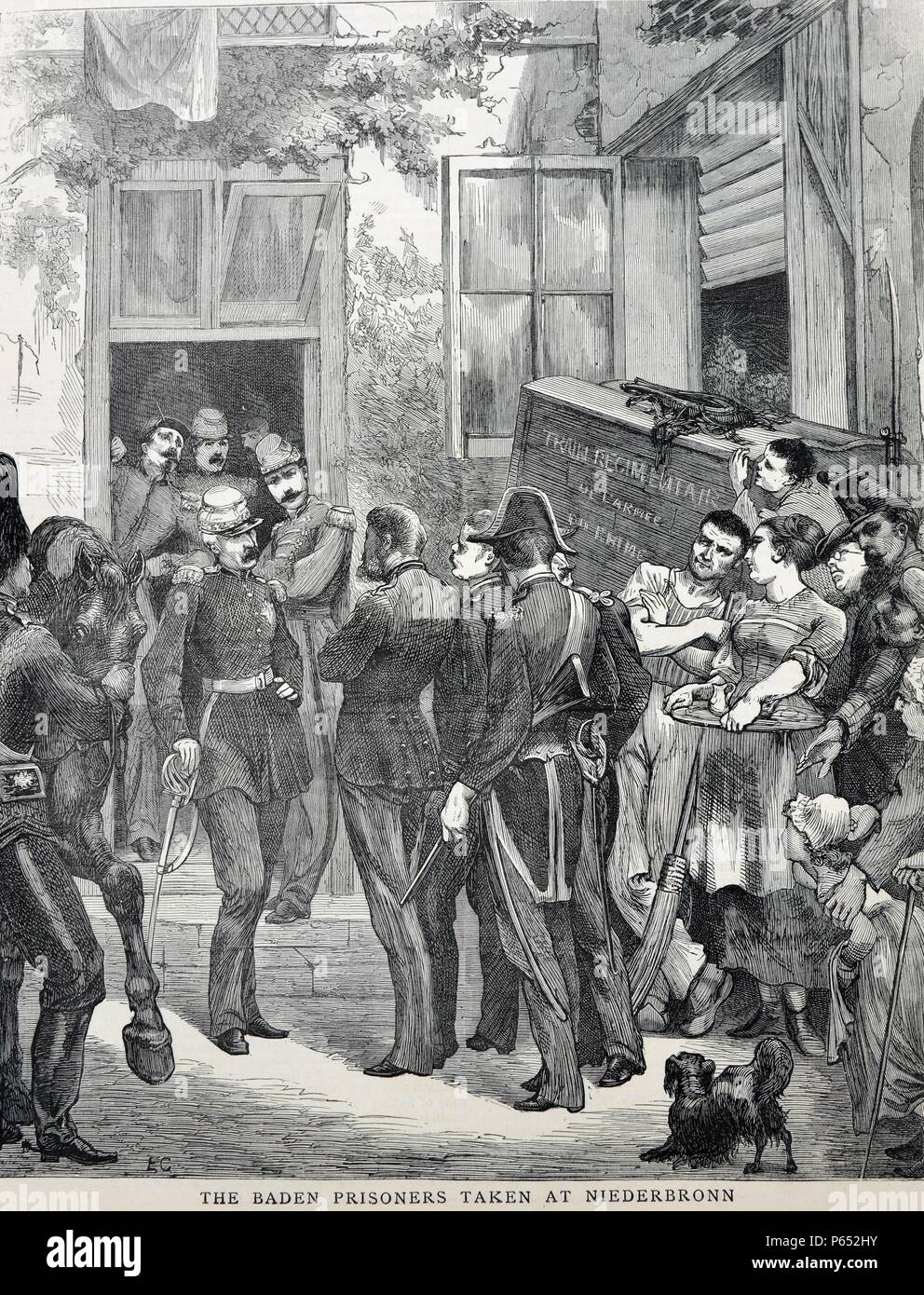 Engraving depicts the Baden prisoners taken at Niederbronn. Niederbronn-les-Bains is a commune in the Bas-Rhin department in Alsace in north-eastern France. It is positioned between Bitche and Wissembourg, close to the current frontier with Germany. Dated 1870 Stock Photo