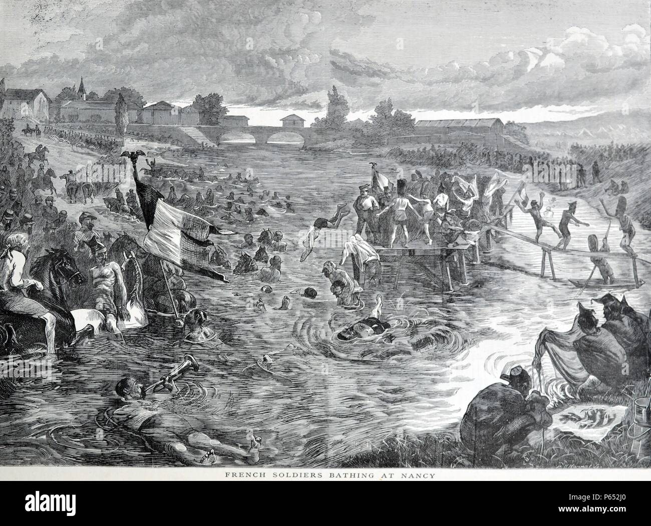 Engraving depicts French soldiers bathing in Nancy, France. Dated 1870 Stock Photo