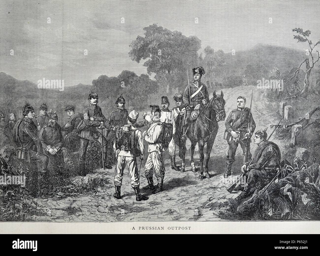 Engraving depicts Prussian soldiers at a Prussian outpost. Dated 1870 Stock Photo