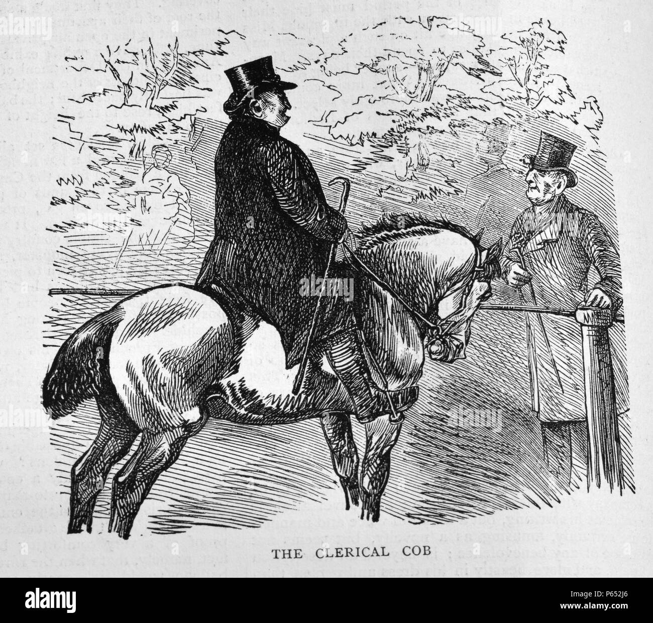 Engraving depicts a formally dressed older man riding a horse. Dated 1870 Stock Photo