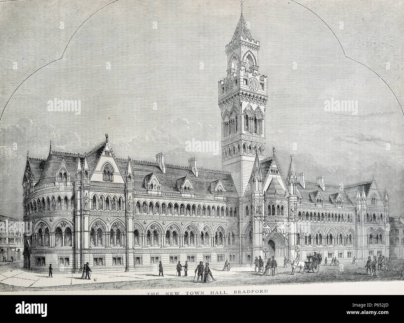 Engraving of the new town hall in Bradford. Known as Bradford City Hall, the building is a Grade I listed, 19th-century town hall in Centenary Square, Bradford, West Yorkshire, England, and is notable for its landmark bell/clock tower. Dated 1870 Stock Photo