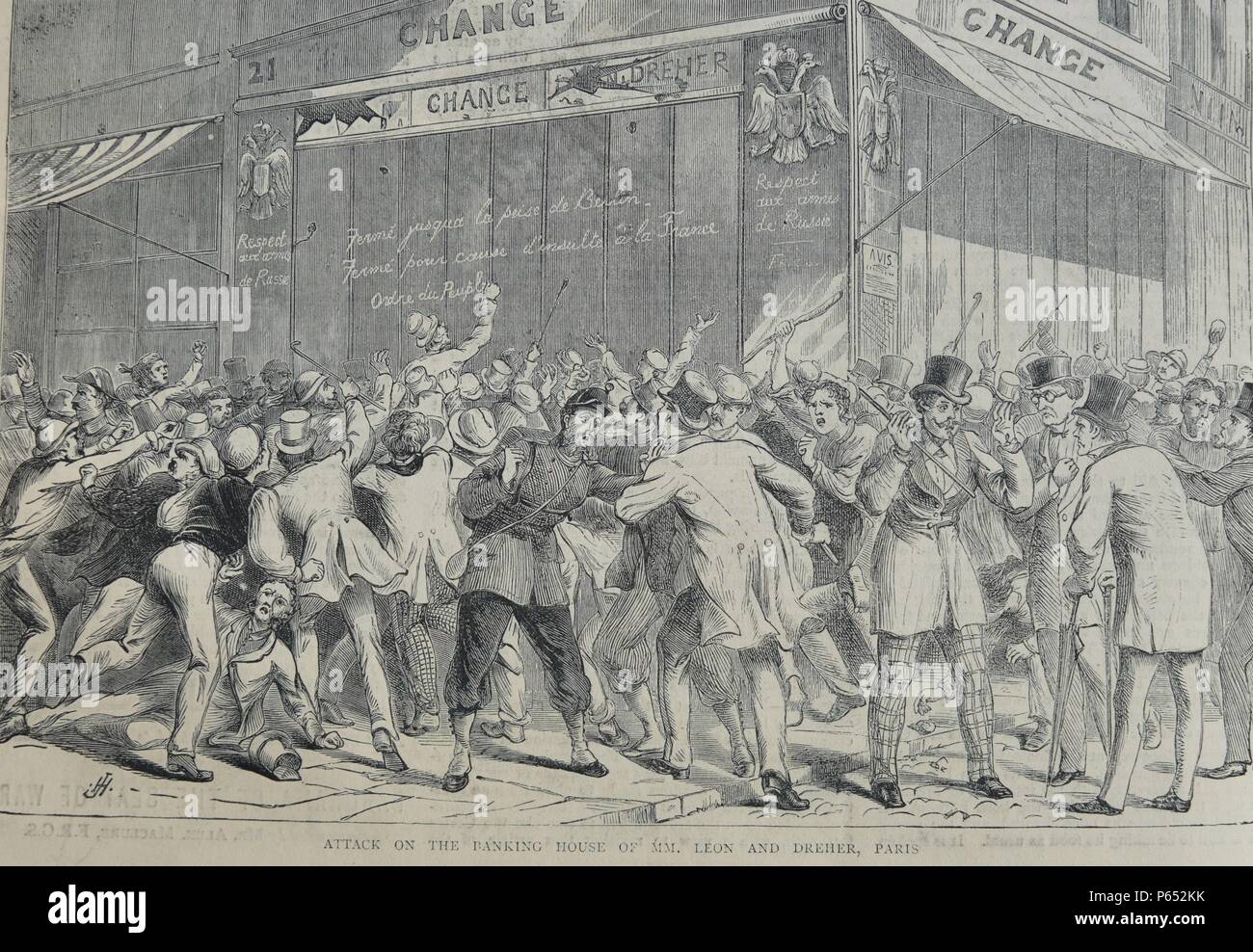 Engraving depicts an attack on the banking house of MM. Leon and Dreher, Paris. Dated 1870 Stock Photo