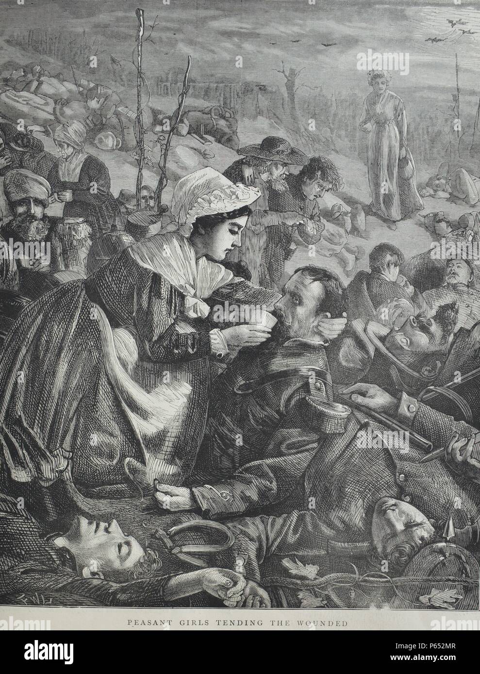 Engraving depicts a peasant girl tending to wounded French soldiers. Dated 1870 Stock Photo