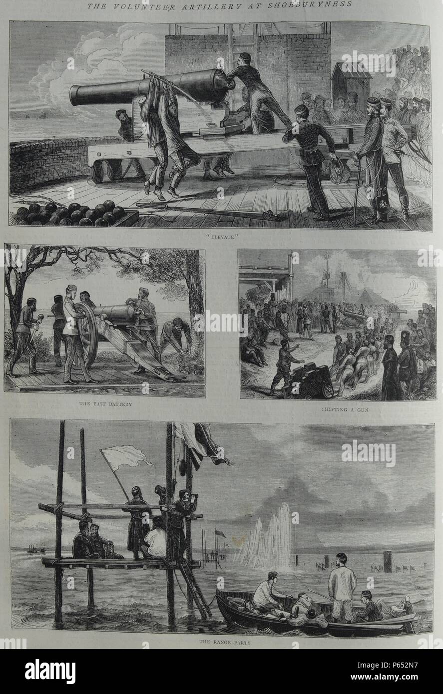 Engravings include: The Volunteer Artillery at Shoeburyness, Shifting a Gun, The East Battery, The Range Party. Dated 1870 Stock Photo