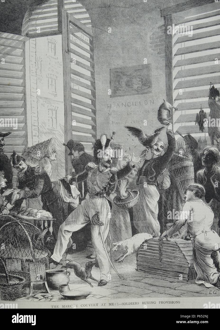 Engraving depicts French soldiers buying provisions in Metz. Dated 1870 Stock Photo