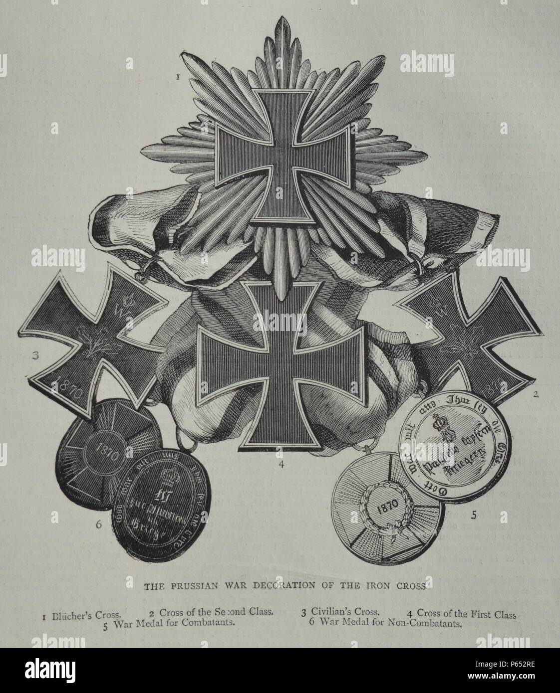 Engraving of the Prussian war decoration of the Iron Cross. 1. Blücher's Cross, 2. Cross of the Second Class, 3. Civilian's Cross, 4. Cross of the First Class, 5. War Medal for Combatants, 6. War Medal for Non-Combatants. Dated 1870 Stock Photo