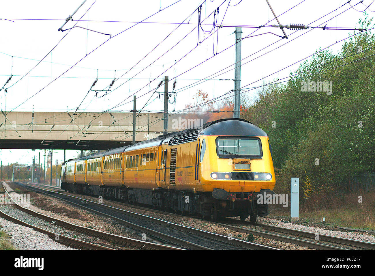 Network Rail obtained surplus HST sets and converted them for use in high speed testing of the track on both WCML and ECML routes. The new High Speed  Stock Photo