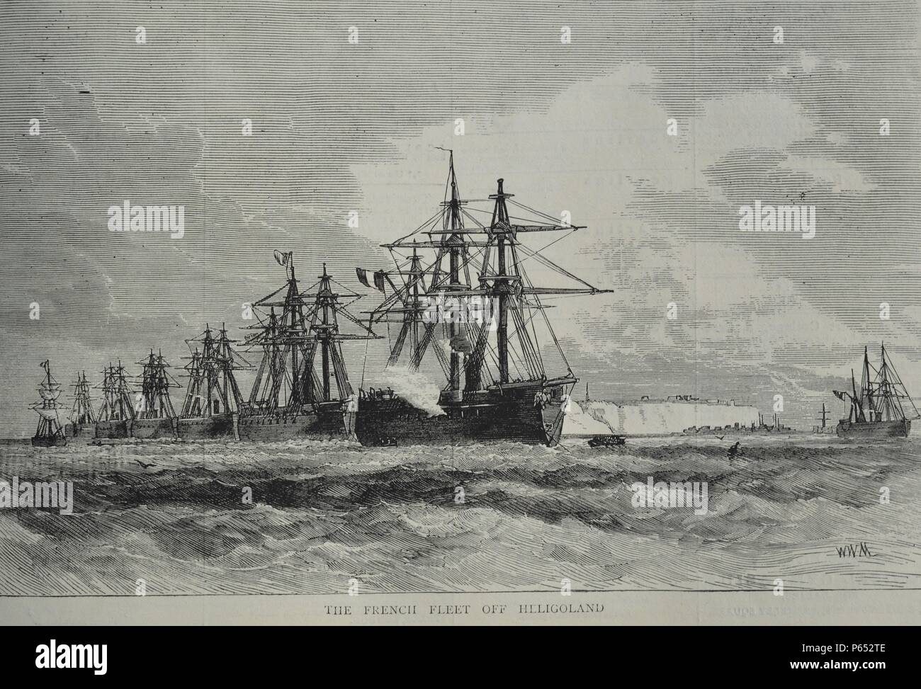 Engraving of the French Fleet off Heligoland, a small German archipelago in the North Sea. Dated 1870 Stock Photo