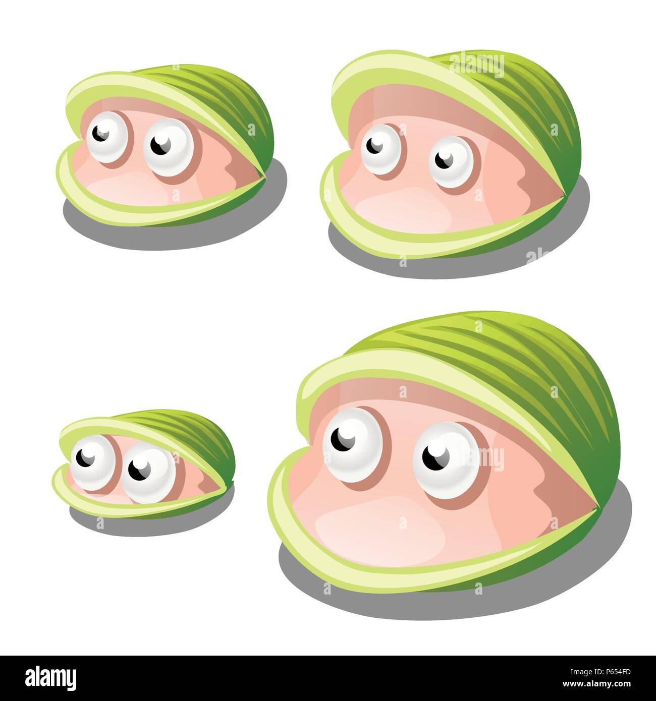Set of cartoon bivalves shellfish with eyes isolated on white background. Vector illustration. Stock Vector