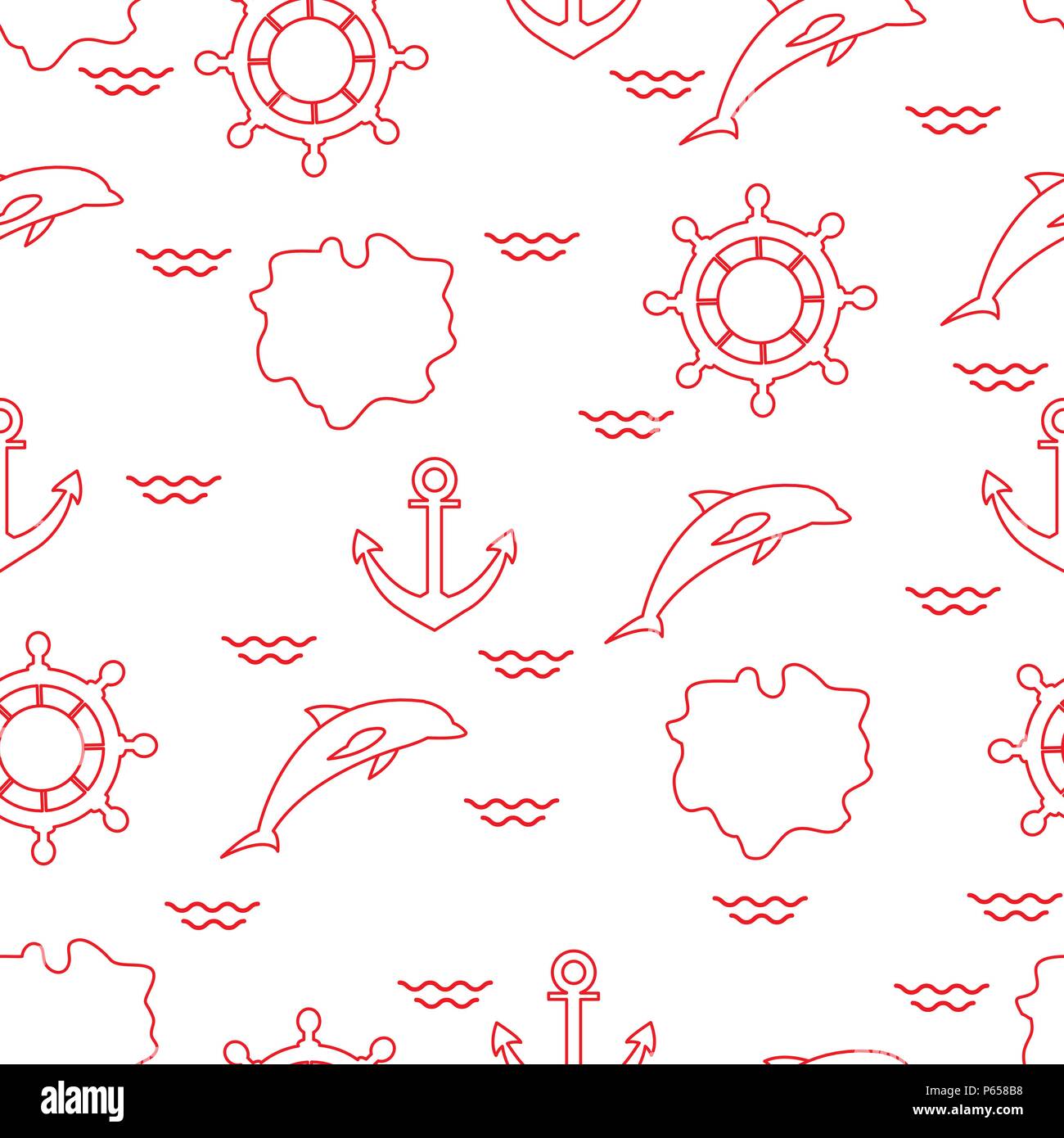 Seamless pattern with dolphins, anchors, steering wheels, waves, islands. Summer leisure. Stock Vector