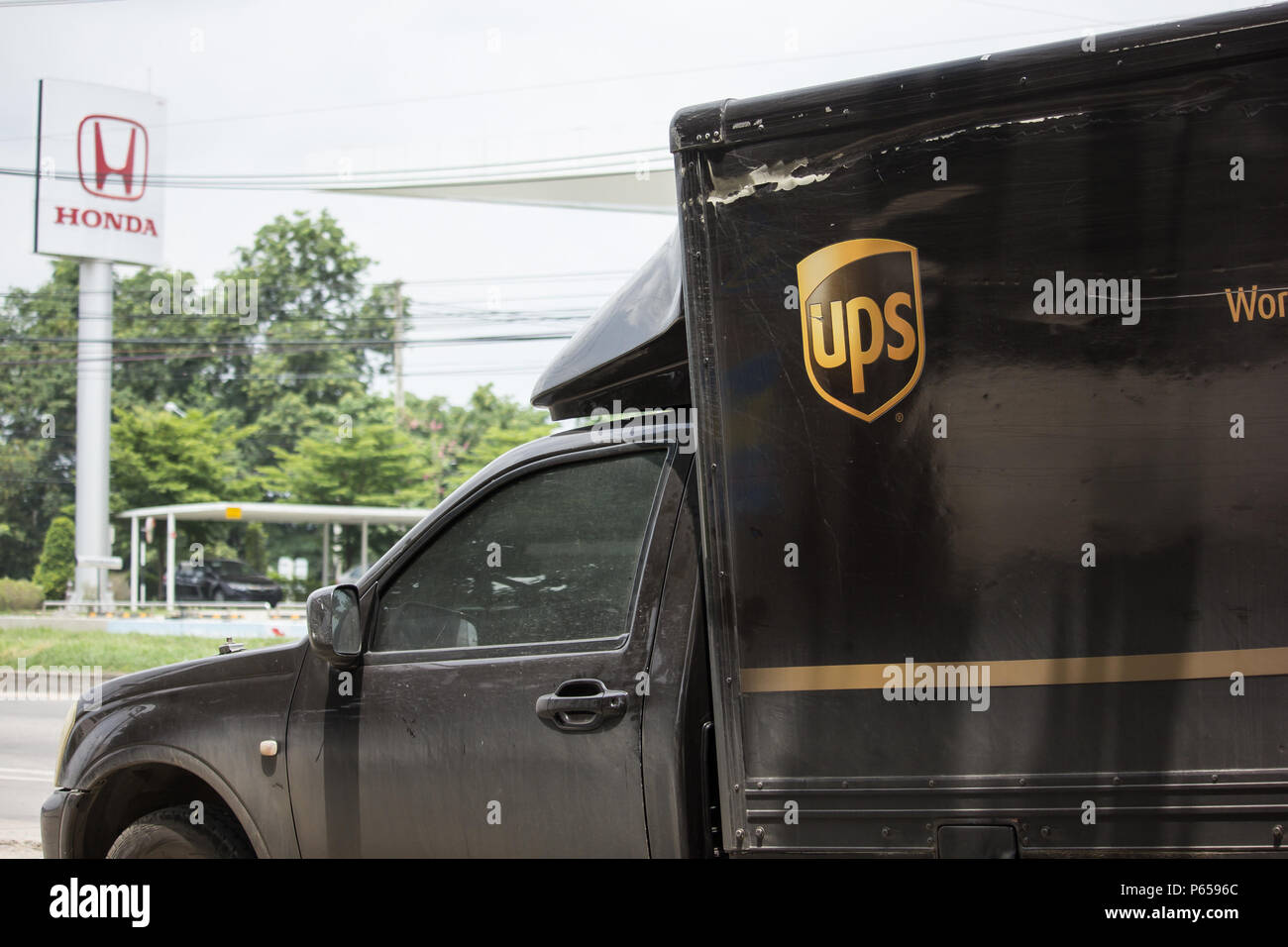 CHIANG MAI, THAILAND - JUNE 19 2018:  UPS logistic Container Pickup truck.   Photo at road no 121 about 8 km from downtown Chiangmai, thailand. Stock Photo