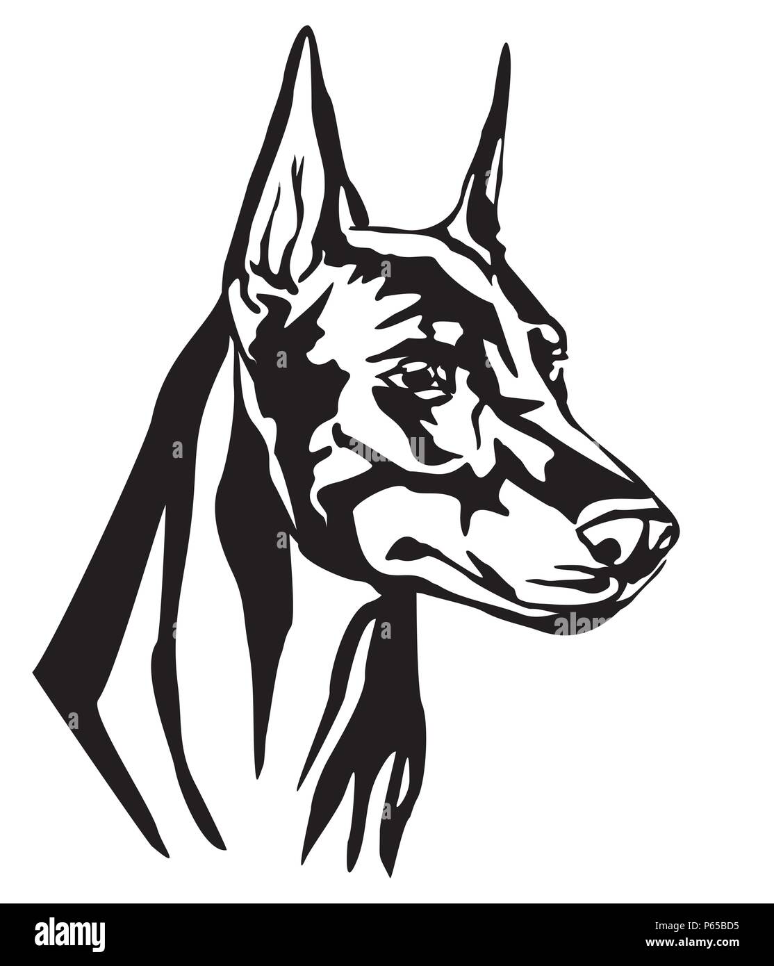 Decorative portrait of Dog Dobermann, vector isolated illustration in black color on white background. Image for design and tattoo. Stock Vector