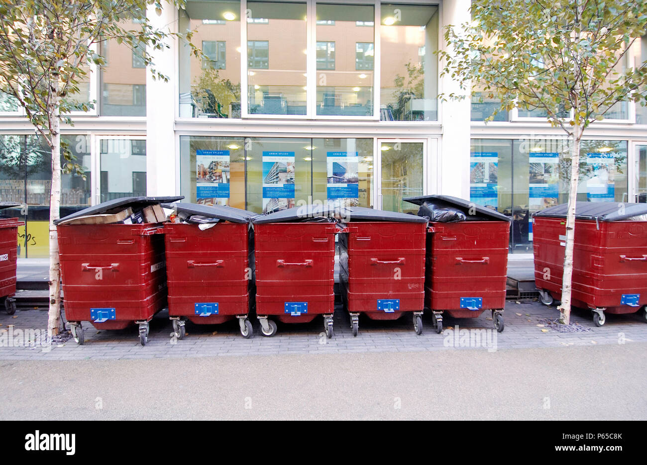 Refuse bins lined up in a pedestrian area Stock Photo Alamy